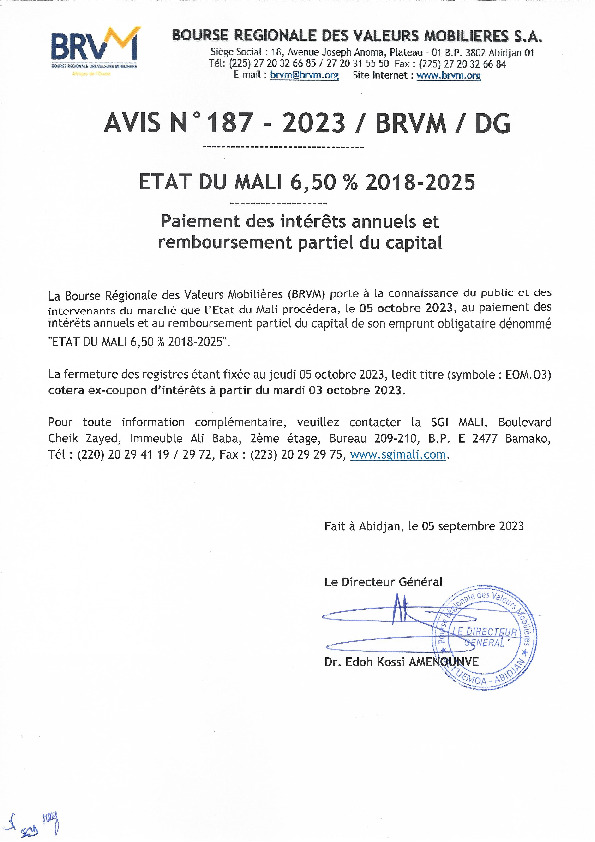 Avis N°187/BRVM/2023 Paiement des intérêts semestriels et