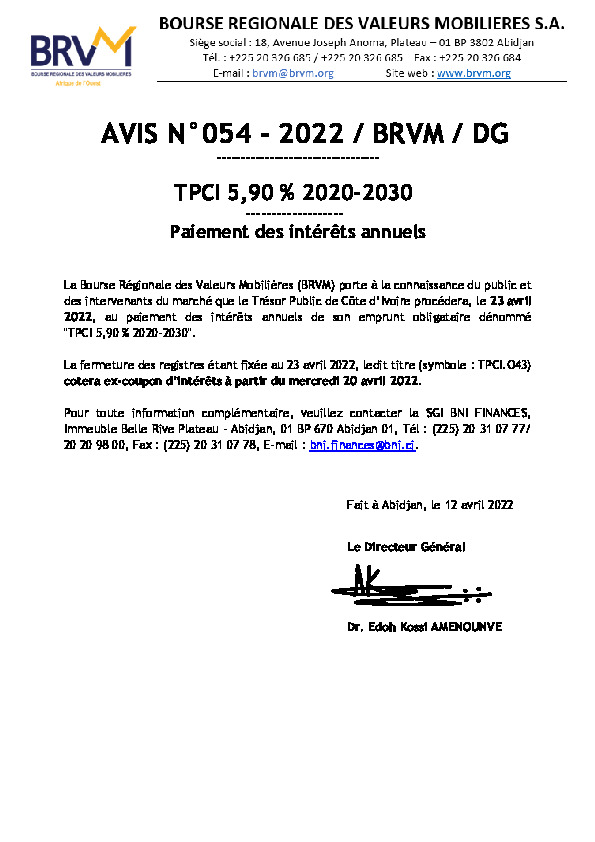 Avis N°054/BRVM/2022 Paiement des intérêts annuels TPCI 5,90 2020