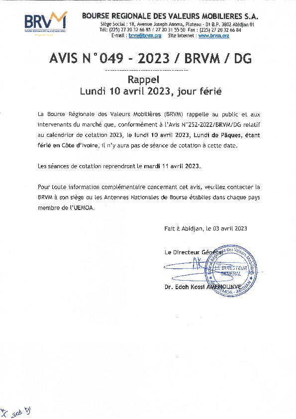 Avis N°049/BRVM/2023 – Rappel, 10 avril 2023, jour férié - Abidjan.net ...