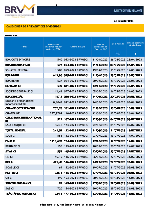 Calendrier De Paiement De Dividendes - Abidjan.net Documents