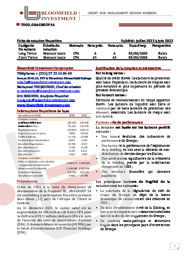 Notation Financière ORAGROUP TG Documents