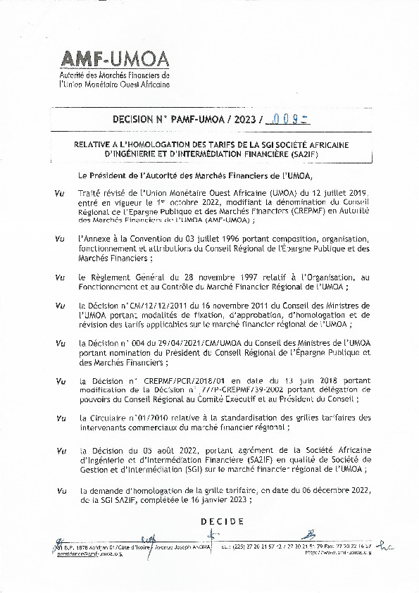 Décision N°PAMF-UMOA/2023/009 - Homologation Des Tarifs De La SGI ...