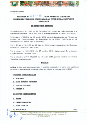 Agrement D'exportateurs De Cafe Cacao Au Titre De La Campagne 2015-2016 -  Abidjan.net Documents