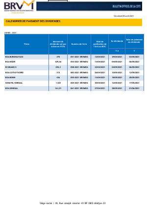 Calendrier De Paiement De Dividendes - Abidjan.net Documents