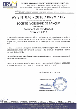 moustache combat Improvement Avis N°076-2018/BRVM/DG – Paiement de dividendes – Exercice 2017 – SIB CI -  Abidjan.net Documents
