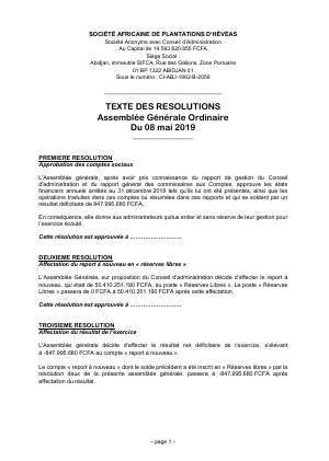 Projet de résolutions - Assemblée Générale Ordinaire – SAPH CI ...
