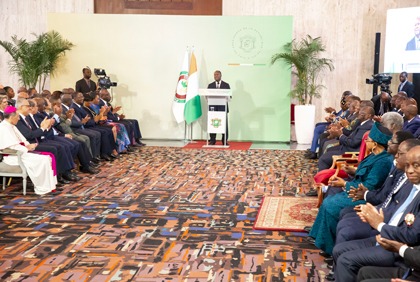 Cérémonie de présentation de vœux du corps diplomatique accrédité en Côte d'Ivoire au chef de l'Etat Alassane Ouattara au palais présidentiel d'Abidjan-Plateau. 