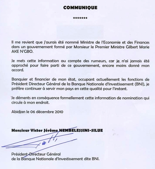 COMMUNIQUE DU PDG DE LA BNI