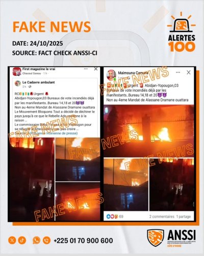 Fact Check/Côte d’Ivoire : Aucune attaque ni incendie de bureaux de vote signalé à Yopougon (Officiel)