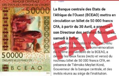 La BCEAO dément une fausse information relayée sur les réseaux sociaux et relative à la mise “en circulation d’un billet de 50 000 FCFA“