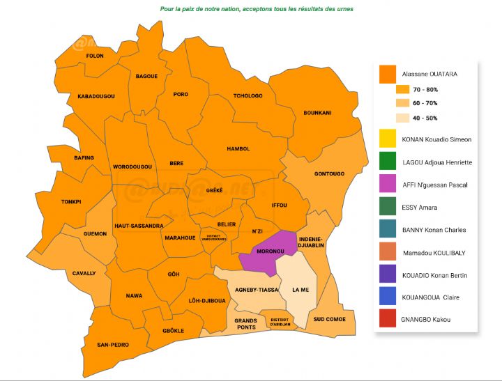 Présidentielle ivoirienne : la carte des résultats et du taux de participation région par région