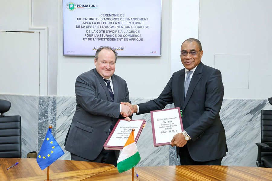 Lutte contre la déforestation et acquisition d'actions supplémentaires au sein de l'ATIDI : la Côte d'Ivoire et la BEI signent deux accords de financement d'une valeur de 131 milliards de FCFA