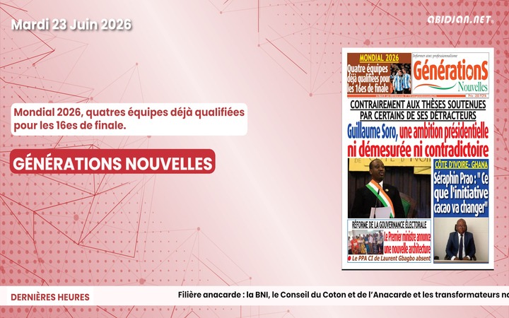 Titrologue du mardi 23 juin 2026/ Mondial 2026, quatres équipes déjà qualifiées pour les 16es de finale