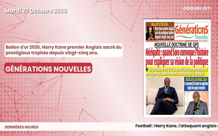 Titrologue du mardi 27 octobre 2026/ Ballon d'or 2026, Harry Kane premier Anglais sacré du prestigieux trophée depuis vingt-cinq ans.