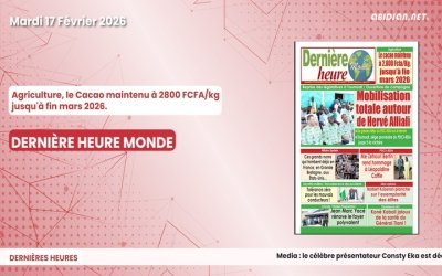 Titrologue du mardi 17 février 2026/Agriculture, le Cacao maintenu à 2800 FCFA/kg jusqu'à fin mars 2026.