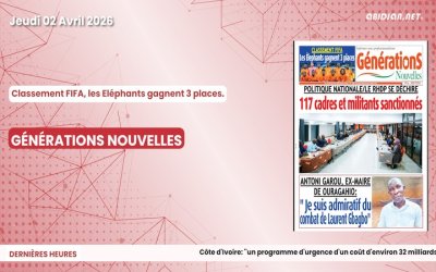 Titrologue du jeudi 02 avril 2026/ Classement FIFA, les Eléphants gagnent 3 places.