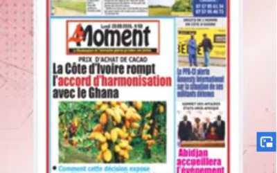 Titrologue du lundi 28 septembre 2026 / Prix d'achat du cacao : La Côte d'Ivoire rompt l'accord d'harmonisation avec le Ghana, titre LE MOMENT